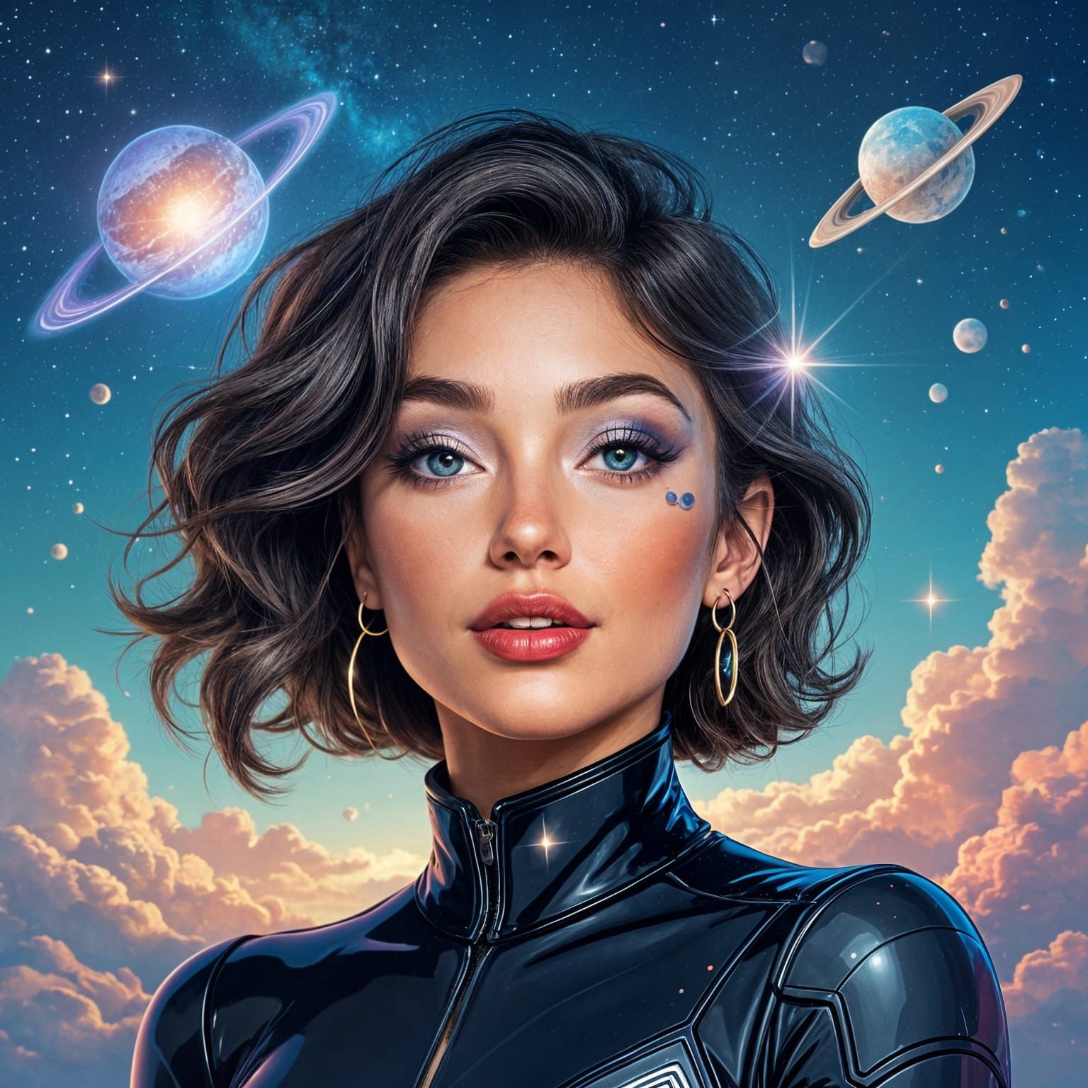 Whimsical Woman's Futuristic Portrait in Intergalactic Setti...