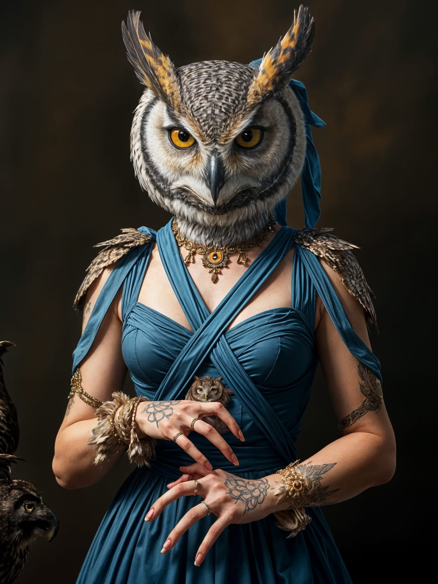 Owl-Human Hybrid in Alphonse Mucha and Caravaggio Style