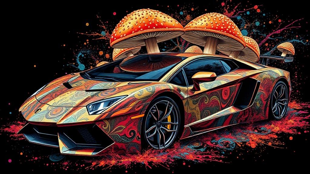 Hallucinogenic Mushroom Supercar in Ink Splatter Art