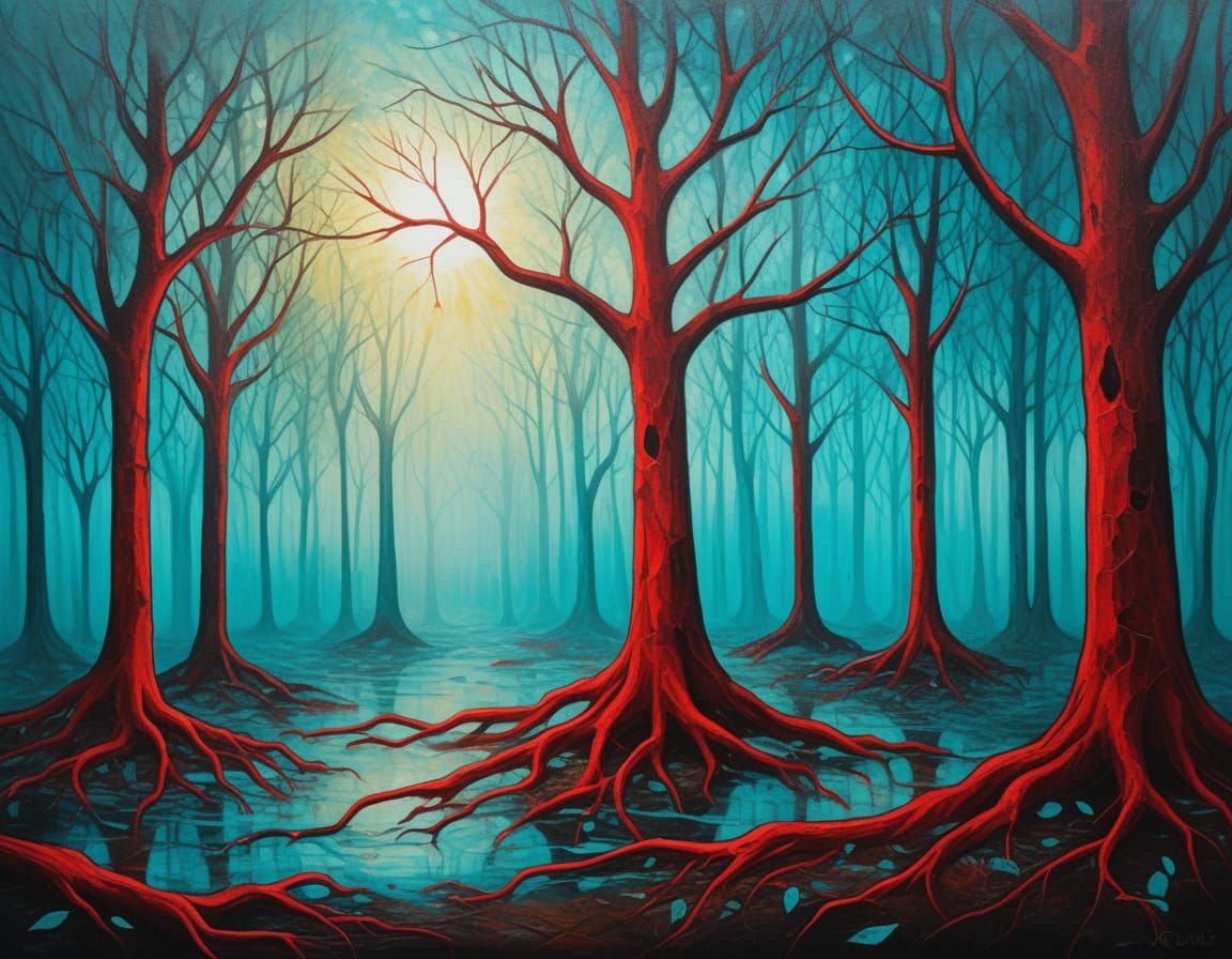 Surreal Glass Forest Oil Painting with Glowing Red Roots