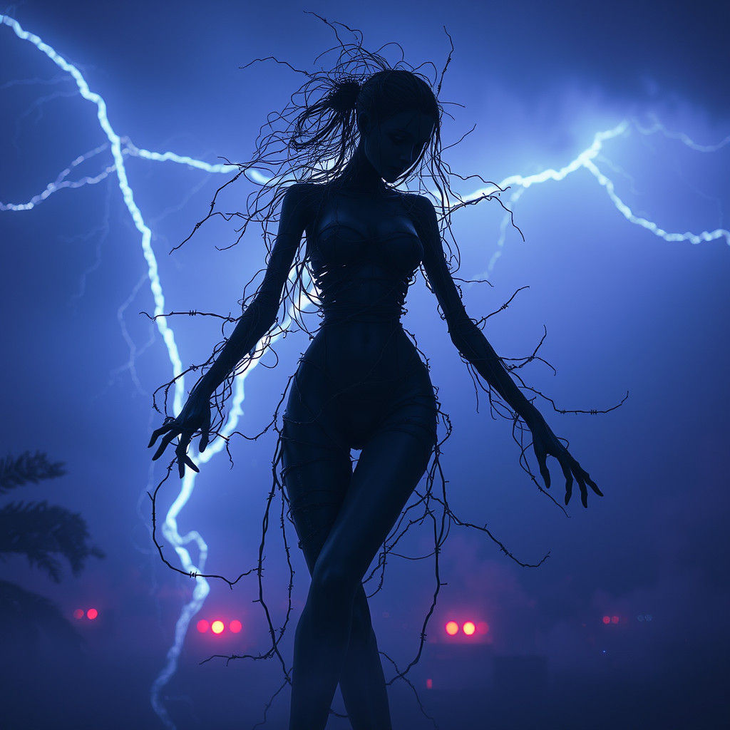 Barbed Wire Dancer in Dystopian Cyberpunk Landscape
