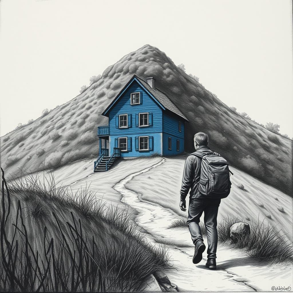Traveler Approaching Blue House in Beksiński Style