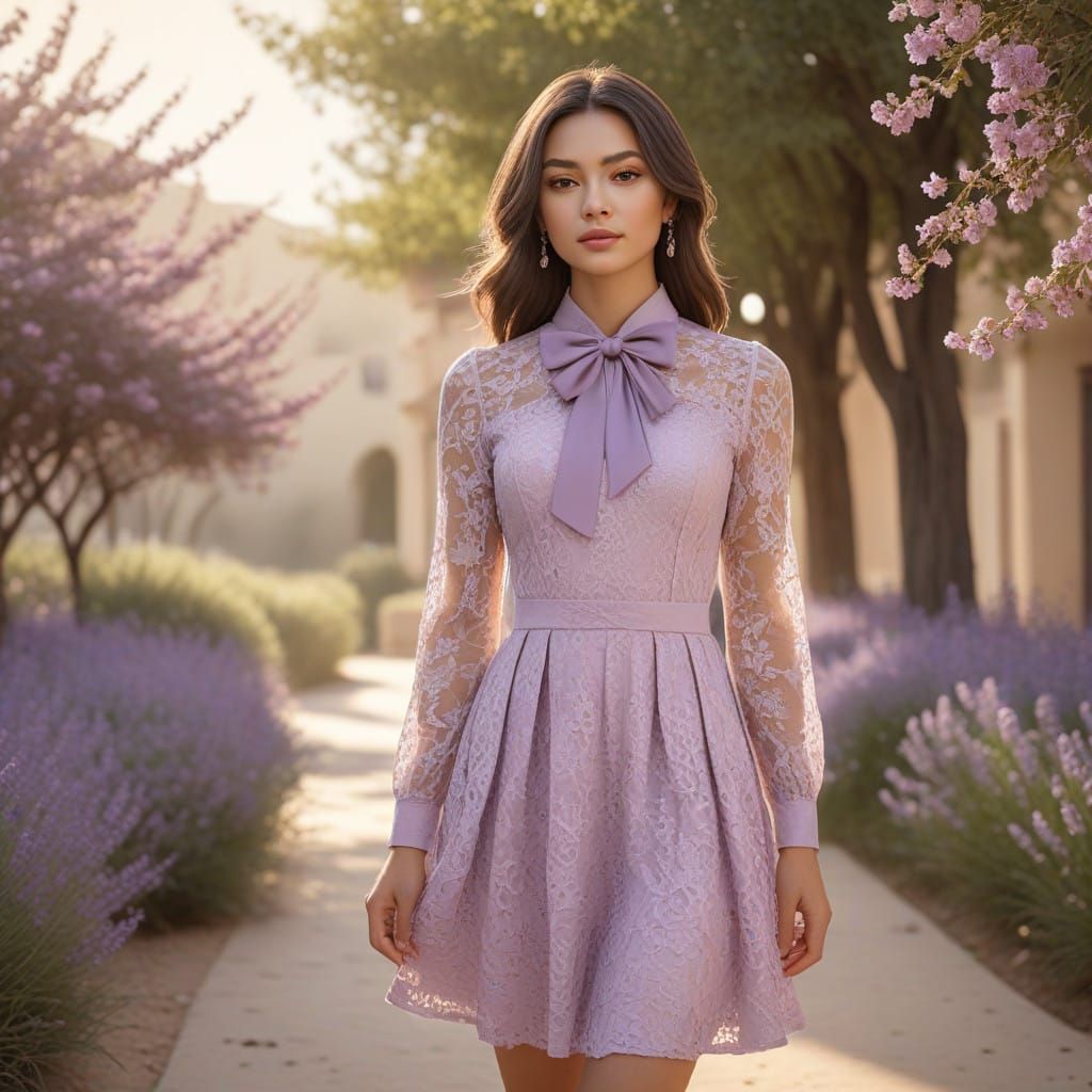 Elegant Light-Skinned Woman in Lavender Attire Against Purpl...