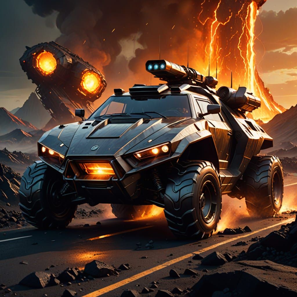 Futuristic Armoured Car Descends into Apocalyptic Lava Waste...