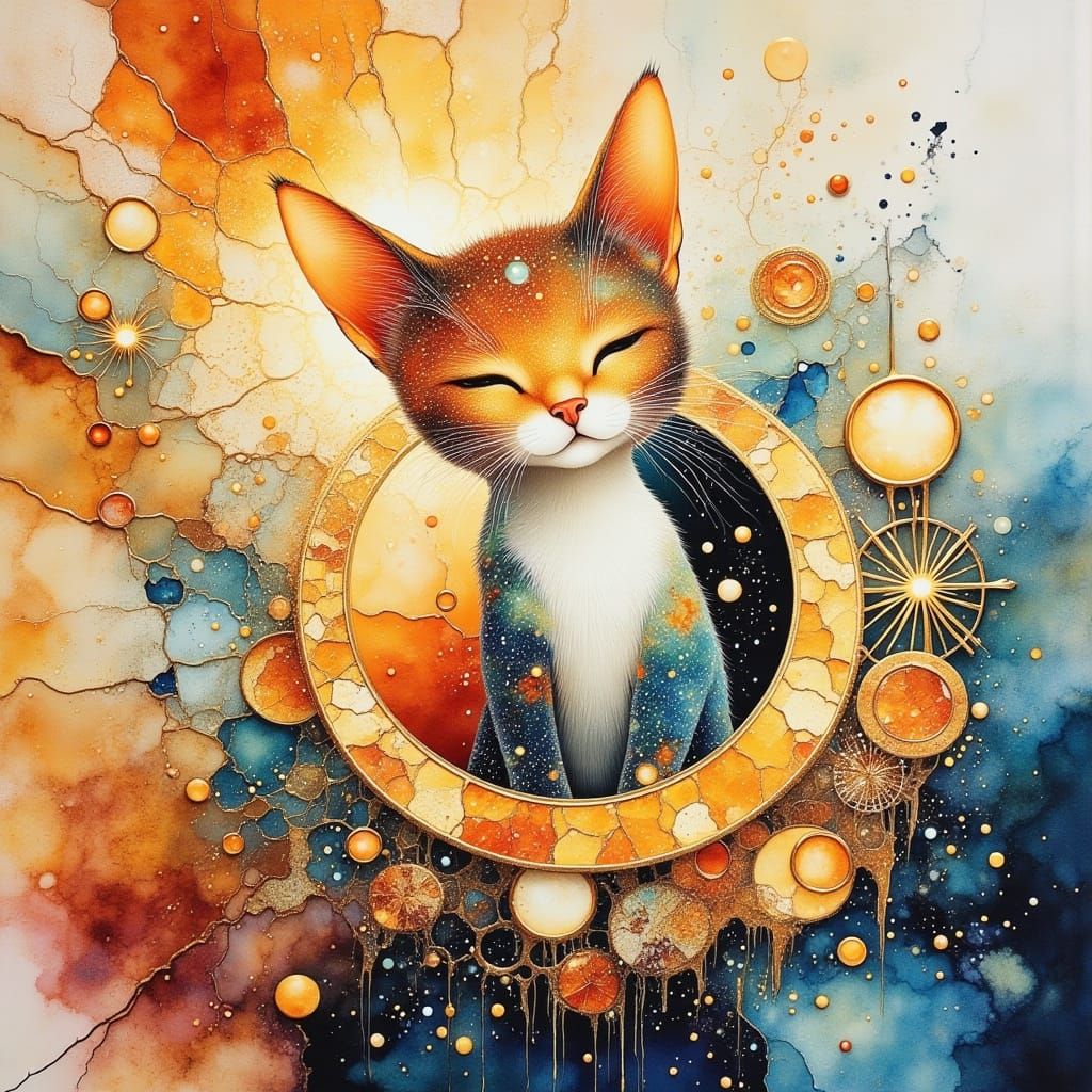 Vibrant Whimsical Cat in Dreamy Watercolor Style