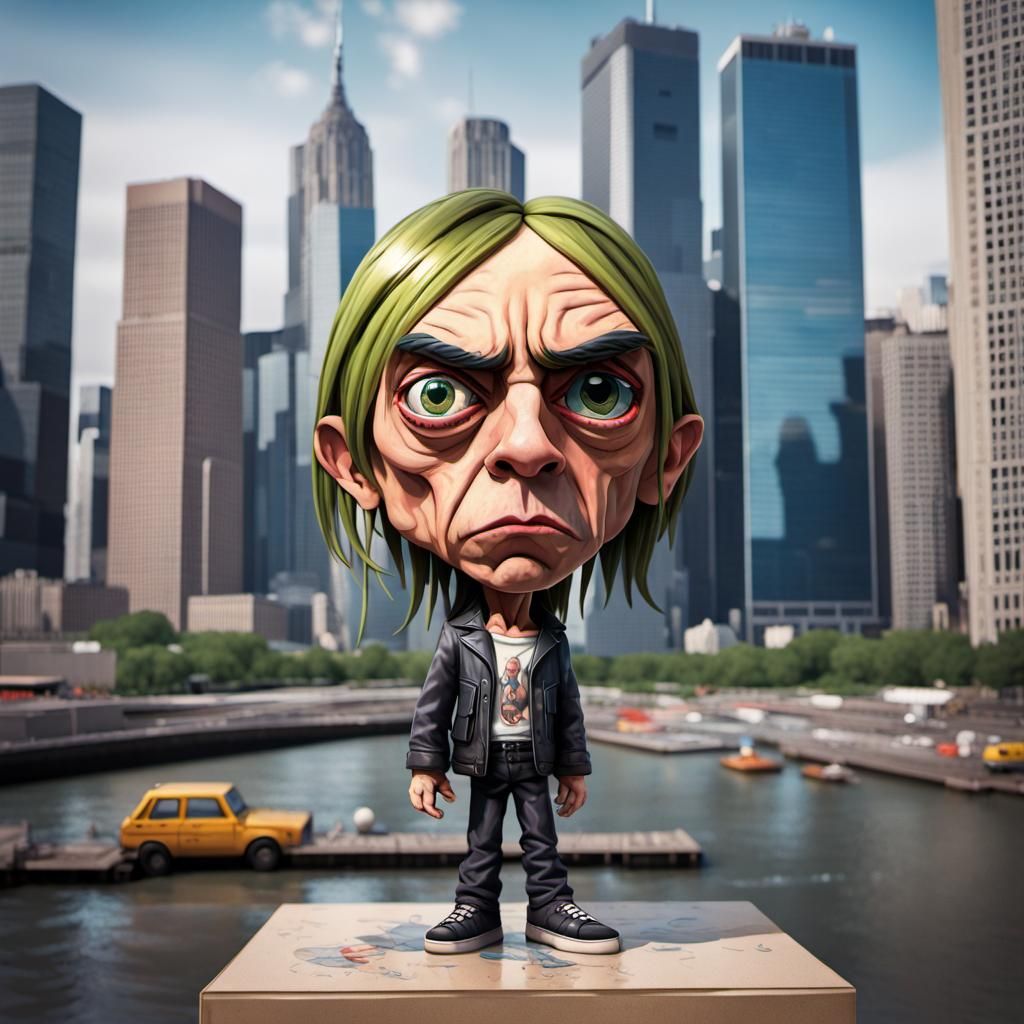 Chibi Iggy Pop Portrait in Manhattan Landscape