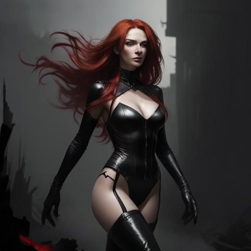Dancing Woman with Red Hair in Dark Mist