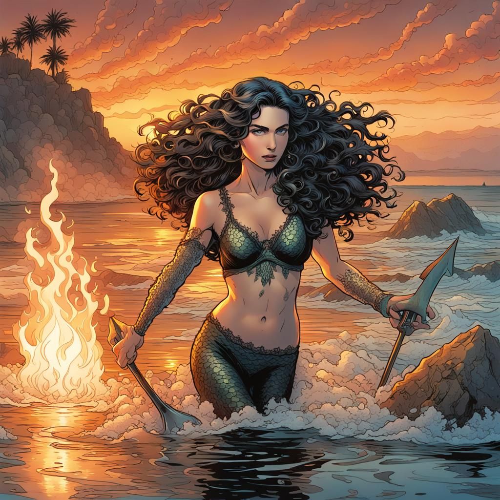 Sunset Beach Mermaid Comic Book Art