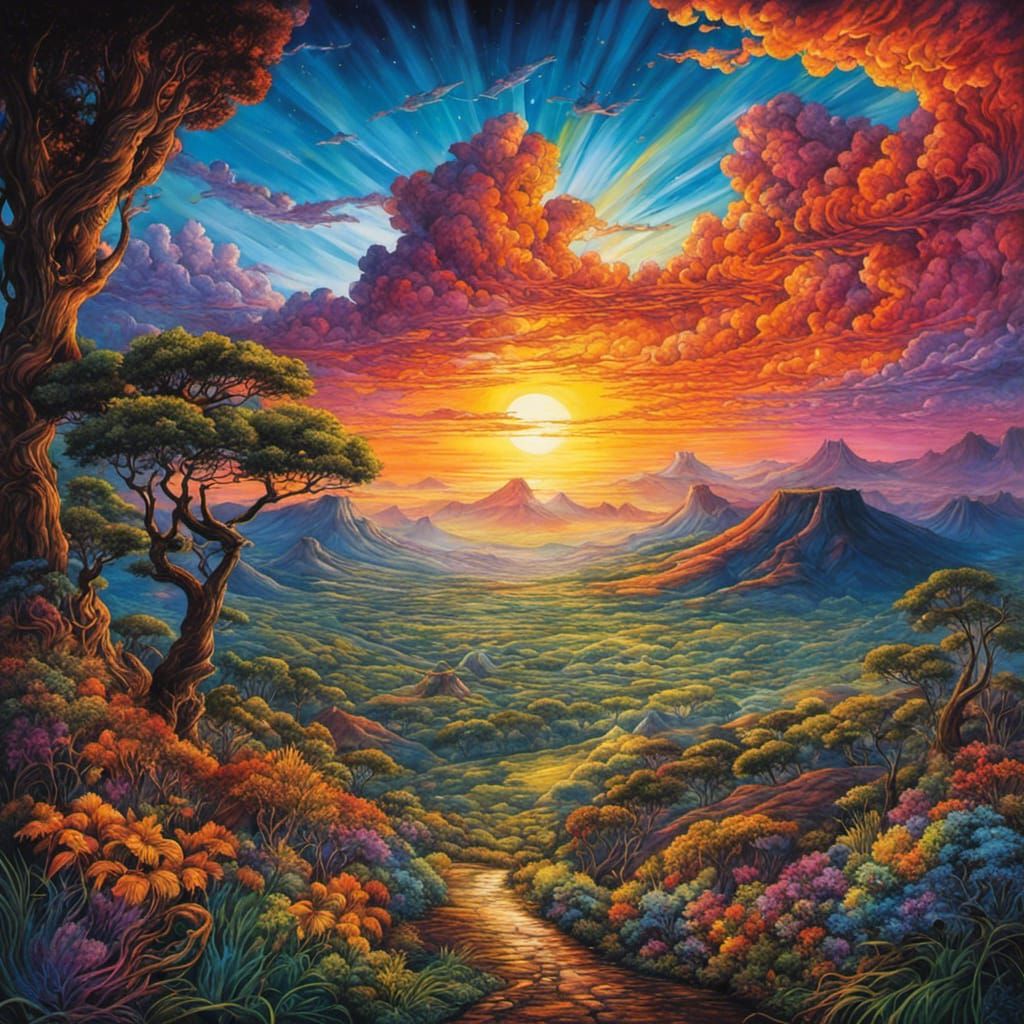 Colorful African Sunset Landscape in Watercolor Style