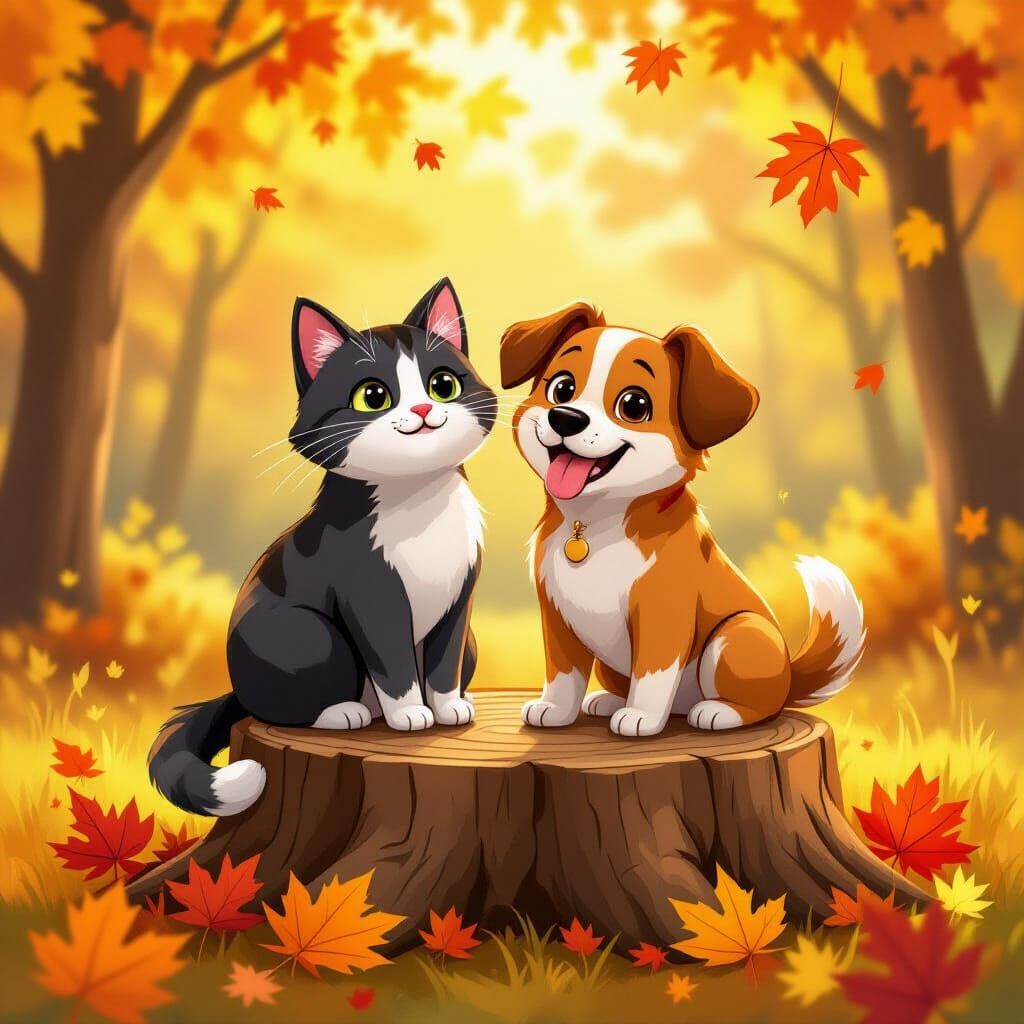 Cat and Dog Friends on Autumn Tree Stump