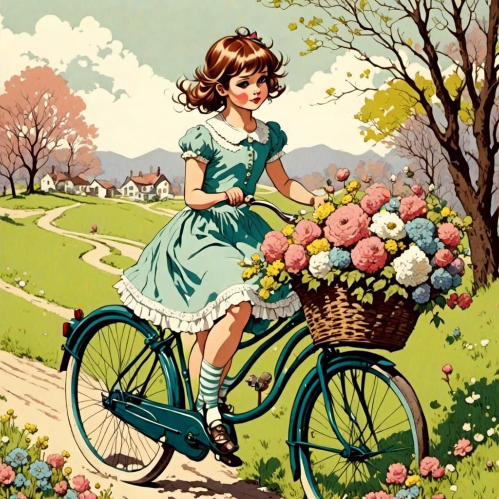 Girl on Bicycle in Pastel Springtime Scenery