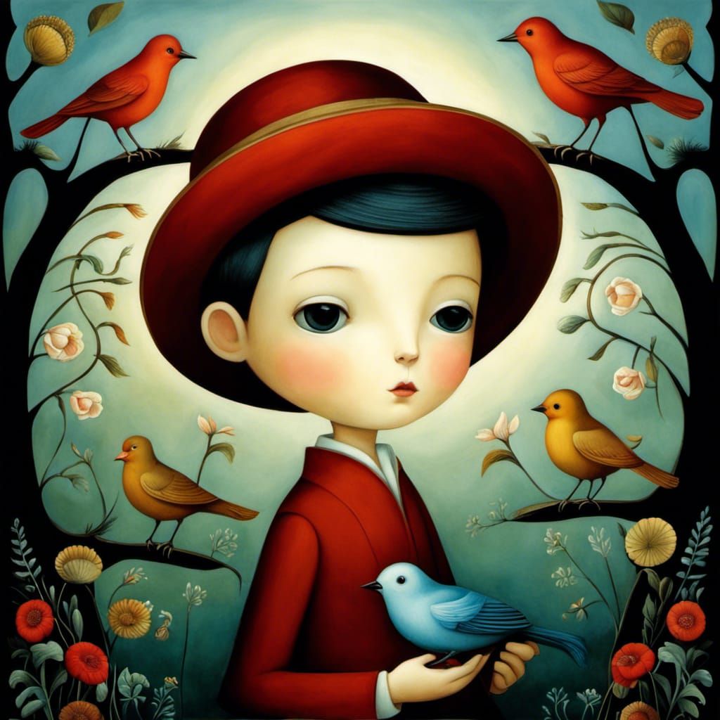Boy with Bird: Whimsical Children's Book Illustration