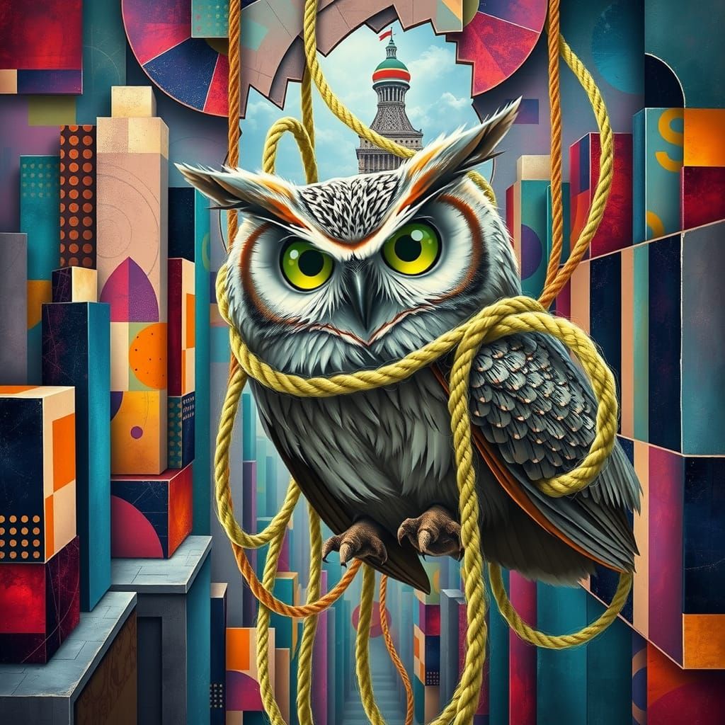 Whimsical Owl in Cubist Cityscape with Abstracted Yarns