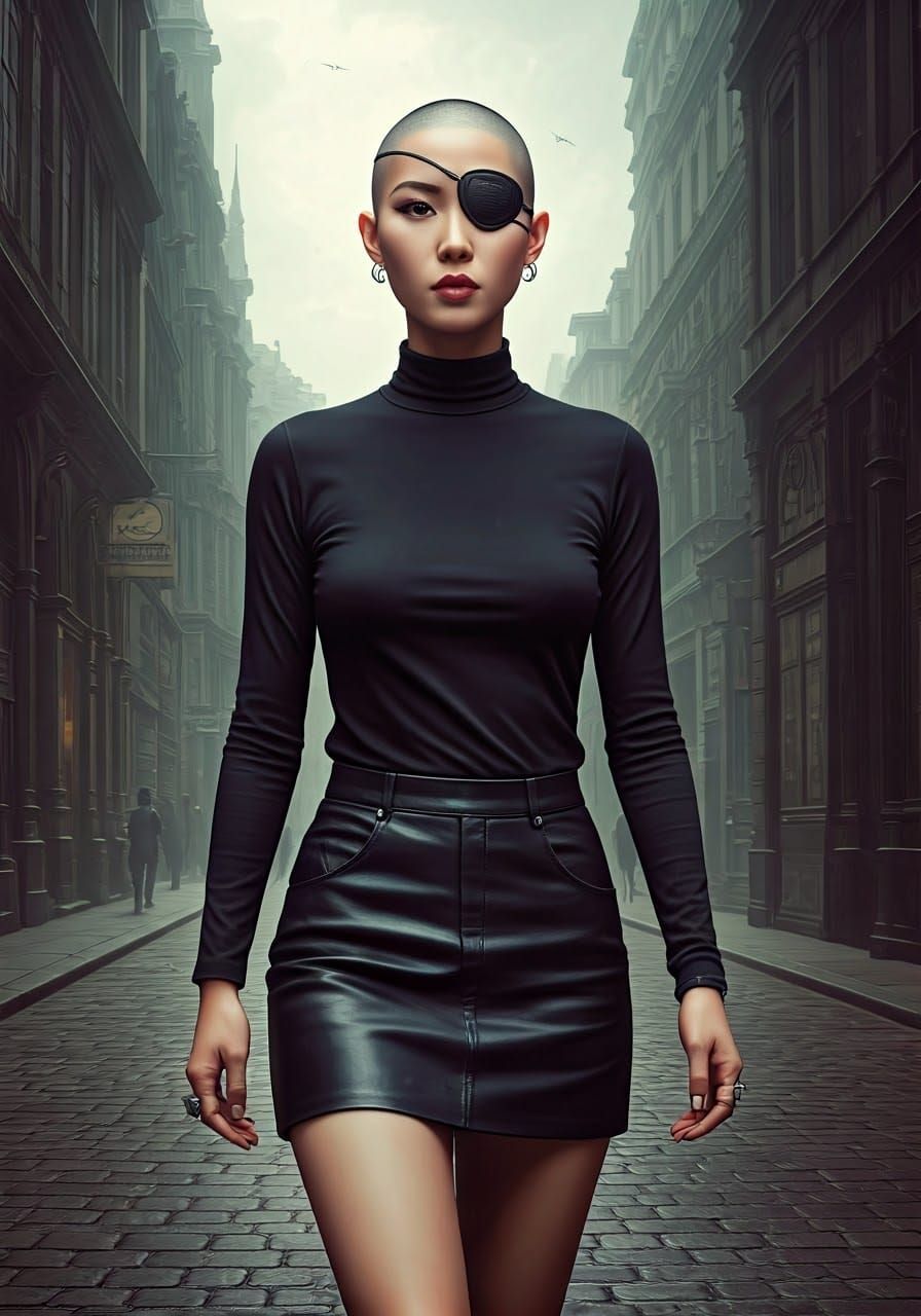 Enigmatic Asian Woman Strolls Through Town in Mystical Matte...