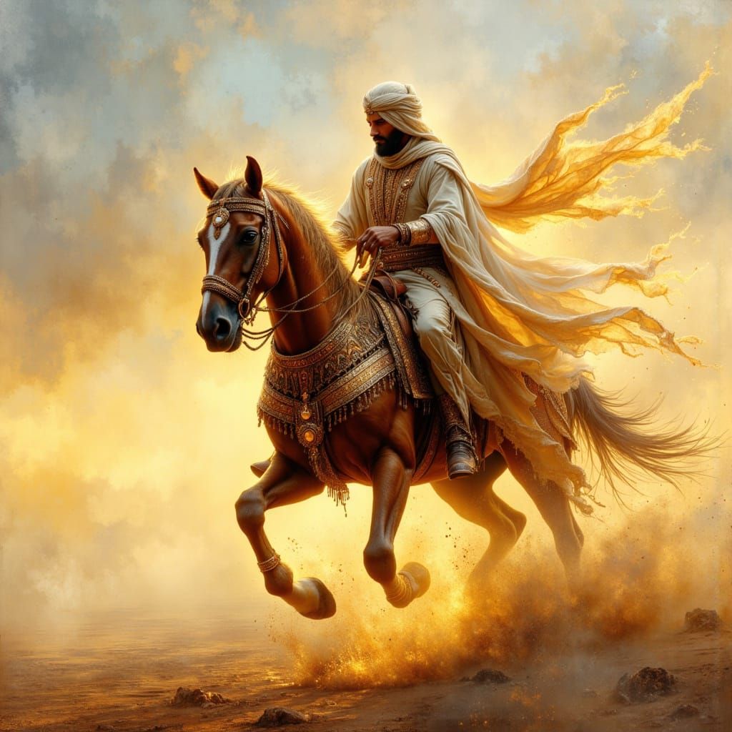 Arabian Horse and Sheik Galloping to City