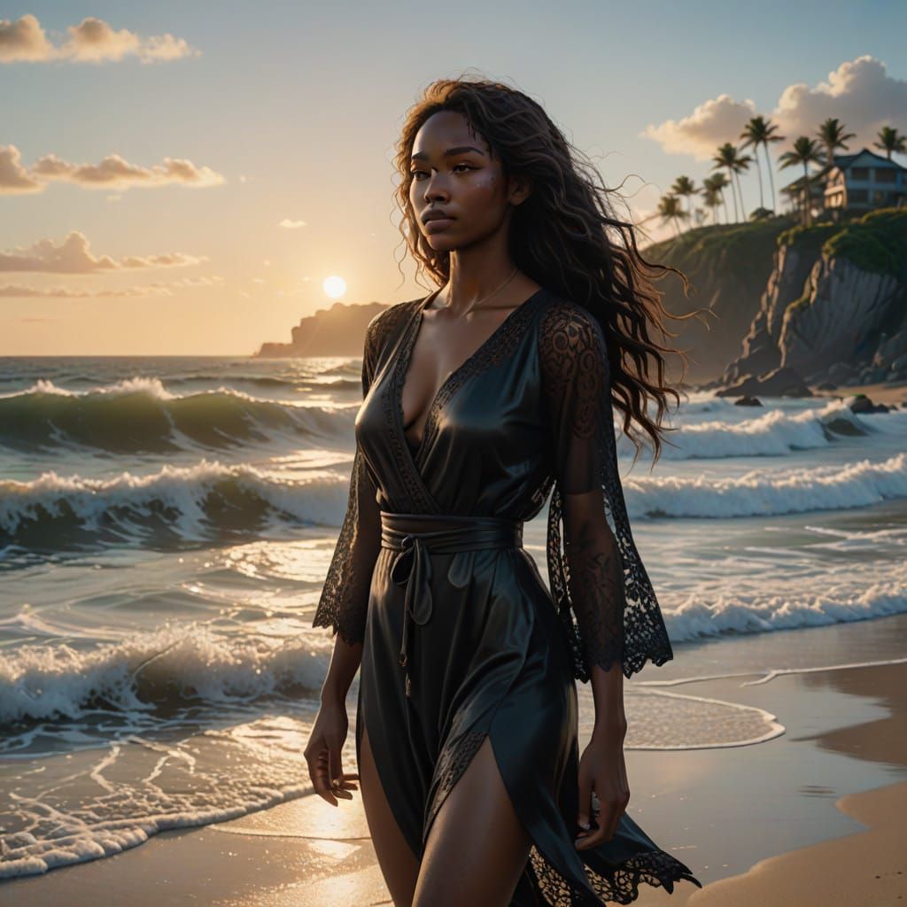 Elegant African American Woman Basks in Golden Ocean Light
