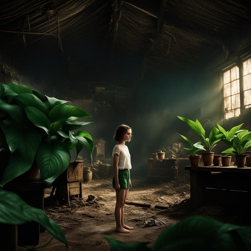 Mathilda Holding Plant in Dark Hovel: Digital Matte Painting