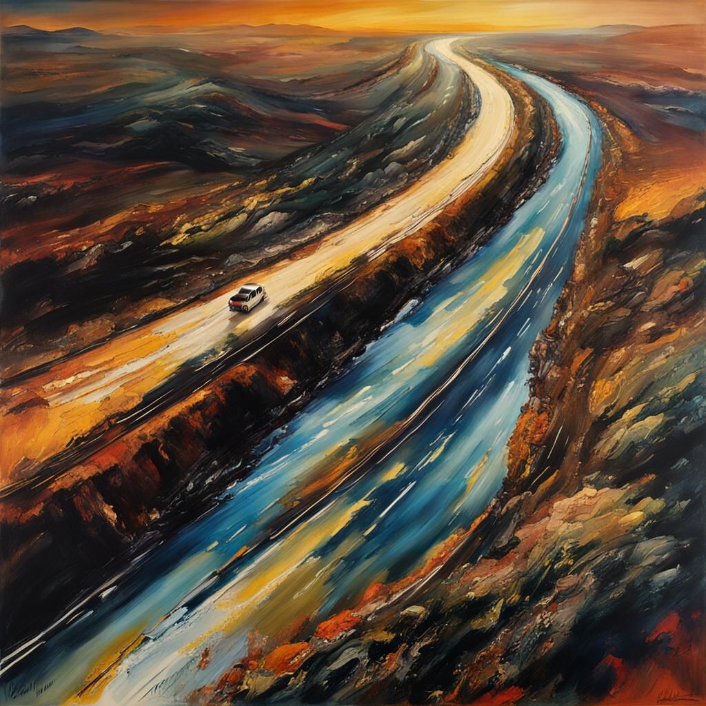 Endless Highway: Aerial Gouache Painting in Turner Style