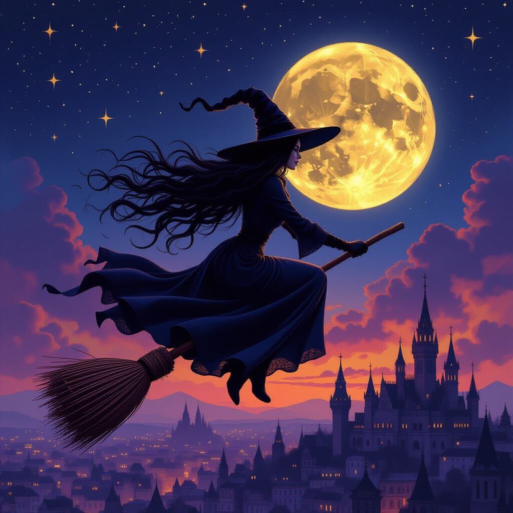 Witch Flying Over Gothic Cityscape at Night