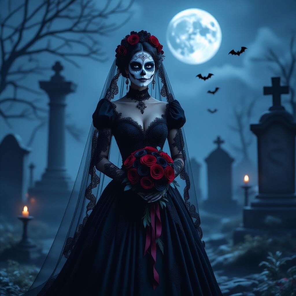 Gothic Bride in Moonlit Graveyard, Day of the Dead Style