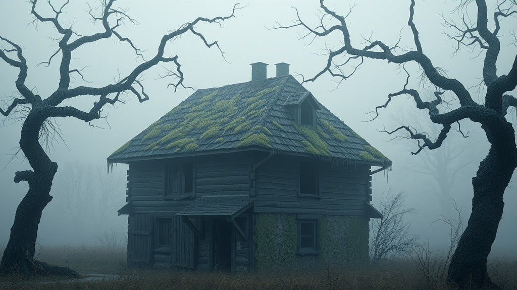 Eerie Cabin in Dense Fog: A Gothic Surreal Landscape
