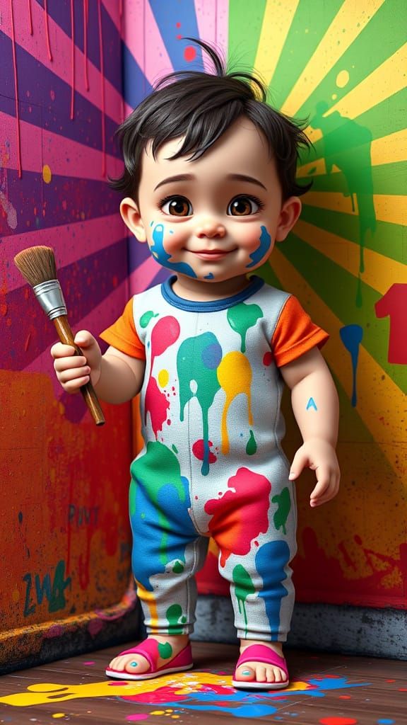 Playful Toddler's Colorful Mess: Pixar-Inspired 3D Art