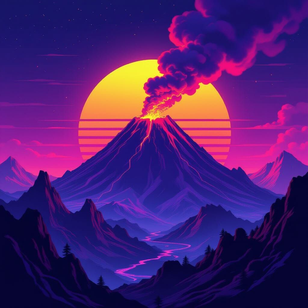 Synthwave Volcano Mountain at Neon Sunset