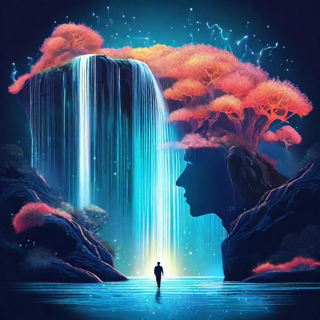 Surreal Head Illustration with Sparkling Waterfalls
