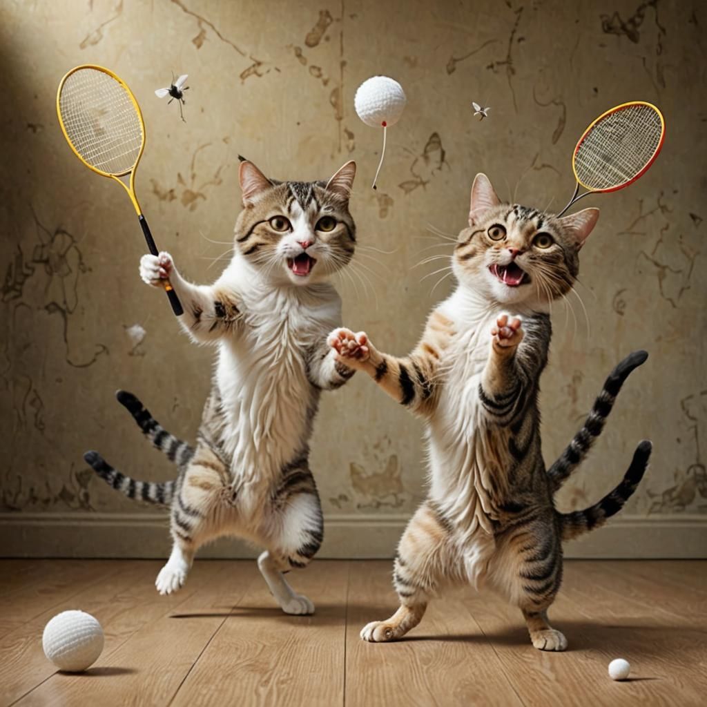Cats Play Badminton with Mouse in Surreal Scene