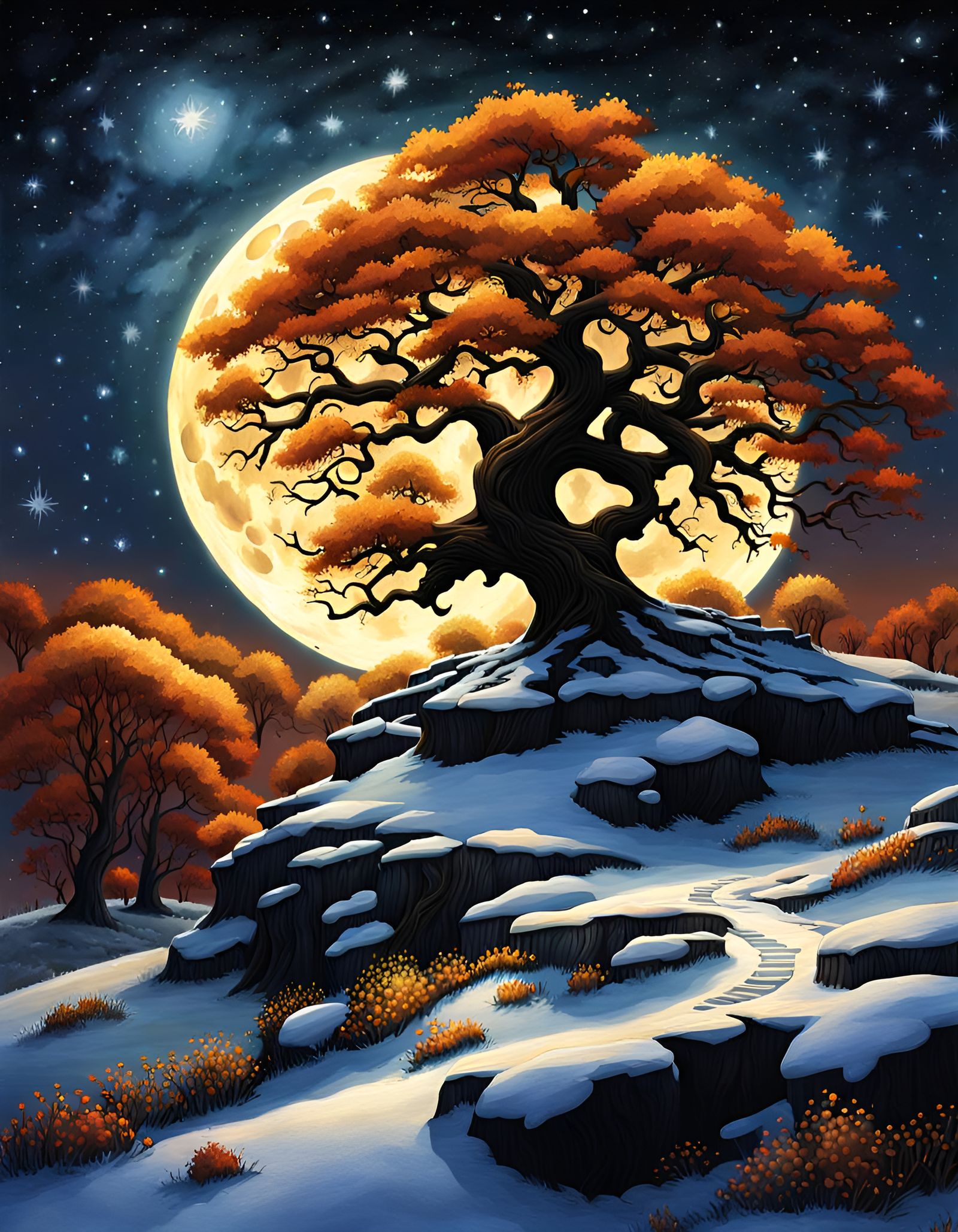 Oak Tree Through Seasons in Digital Watercolor