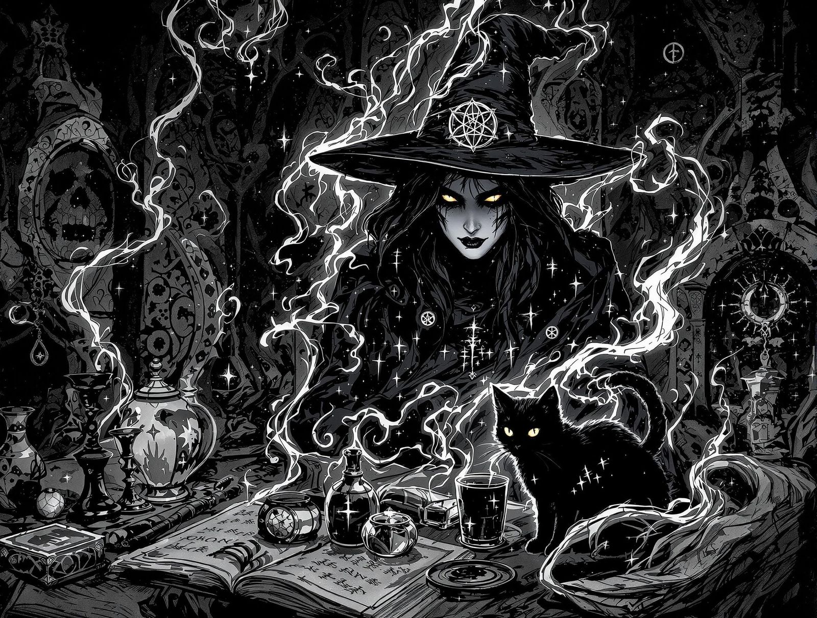 Mystical Witch and Cat in Gothic Ink Illustration
