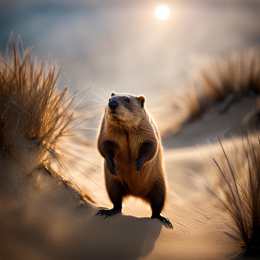 Beaver Poses in Windswept Sand Dune