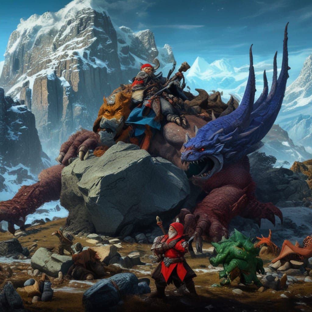 Dwarves Fighting With a Dragon