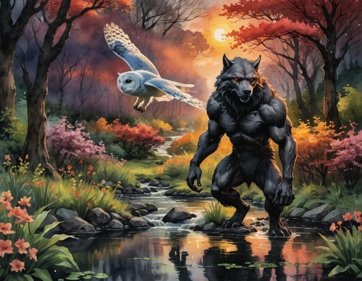 Radiant Snowy Owl Soaring at Scarlet Sunset