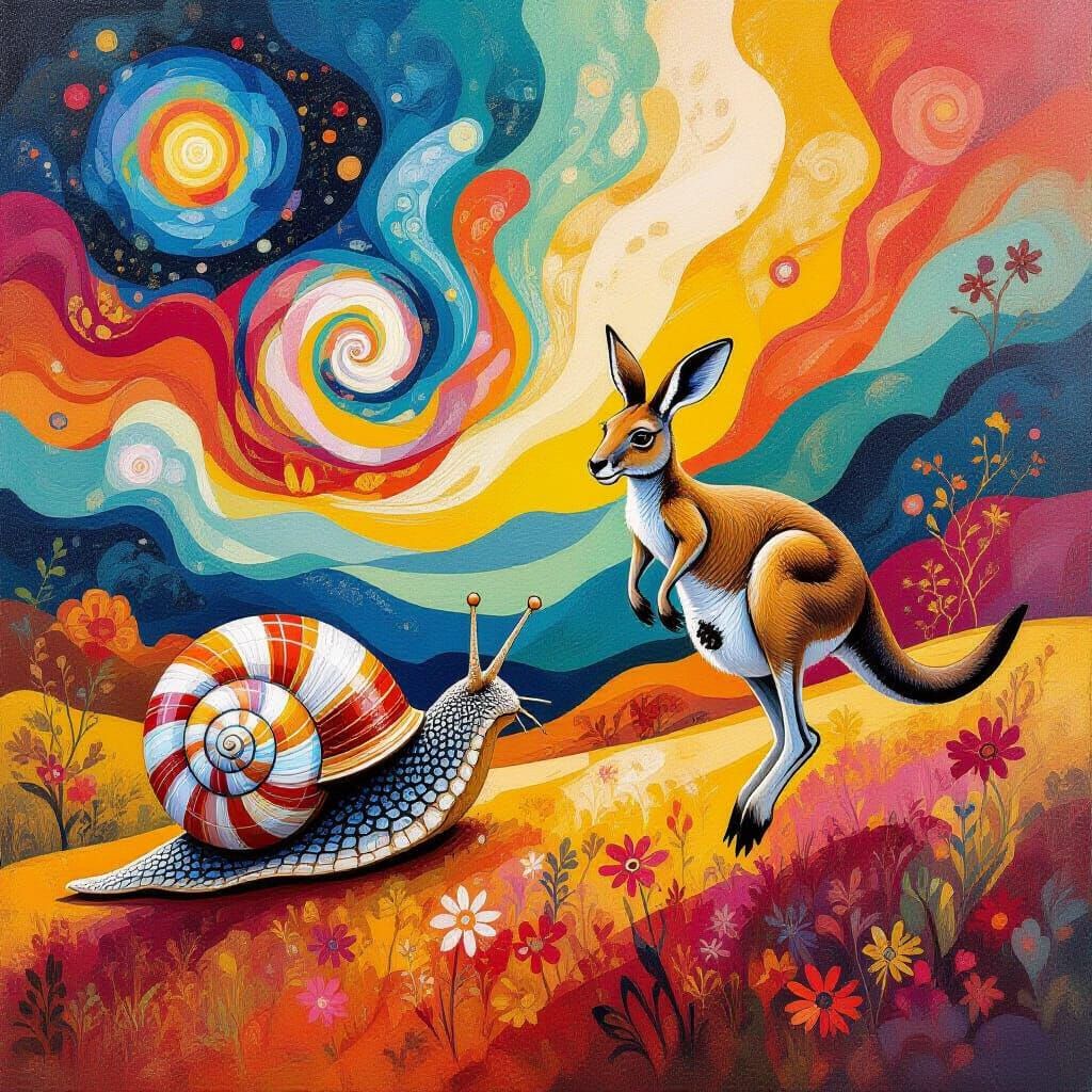 Playful Snail Chases Kangaroo in Abstract Landscape