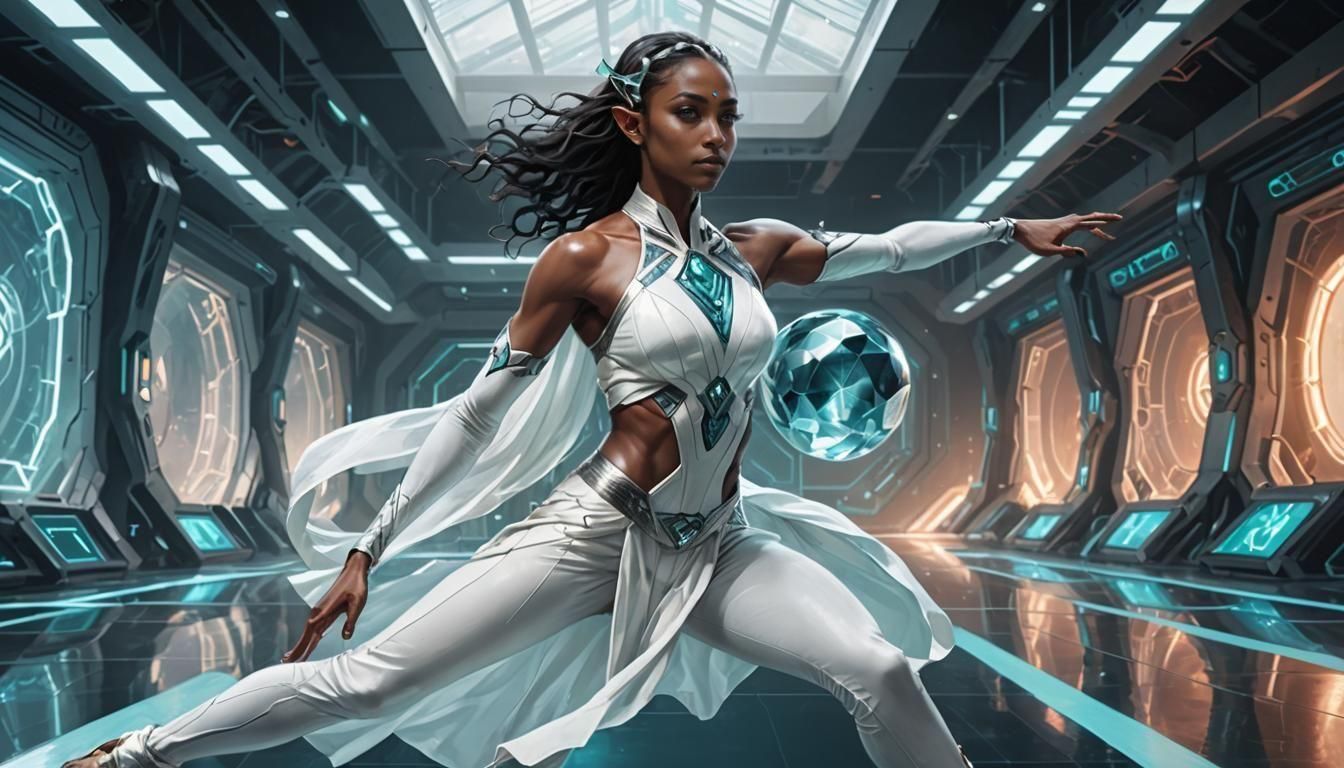 Elven Sportswoman Gymnastics in Sci-Fi Room