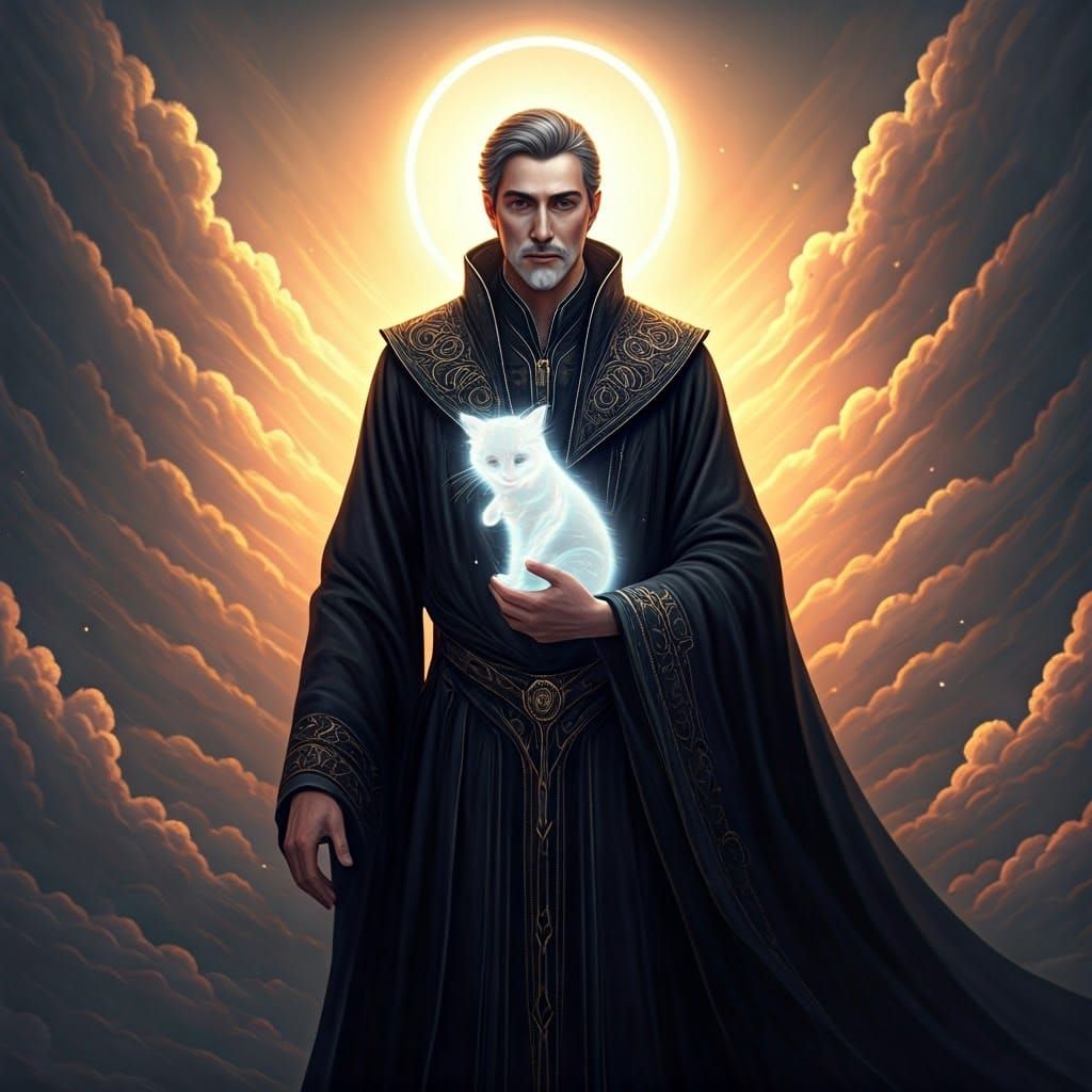 Gentle Angel in Elegant Black Robes with Glowing Kitten