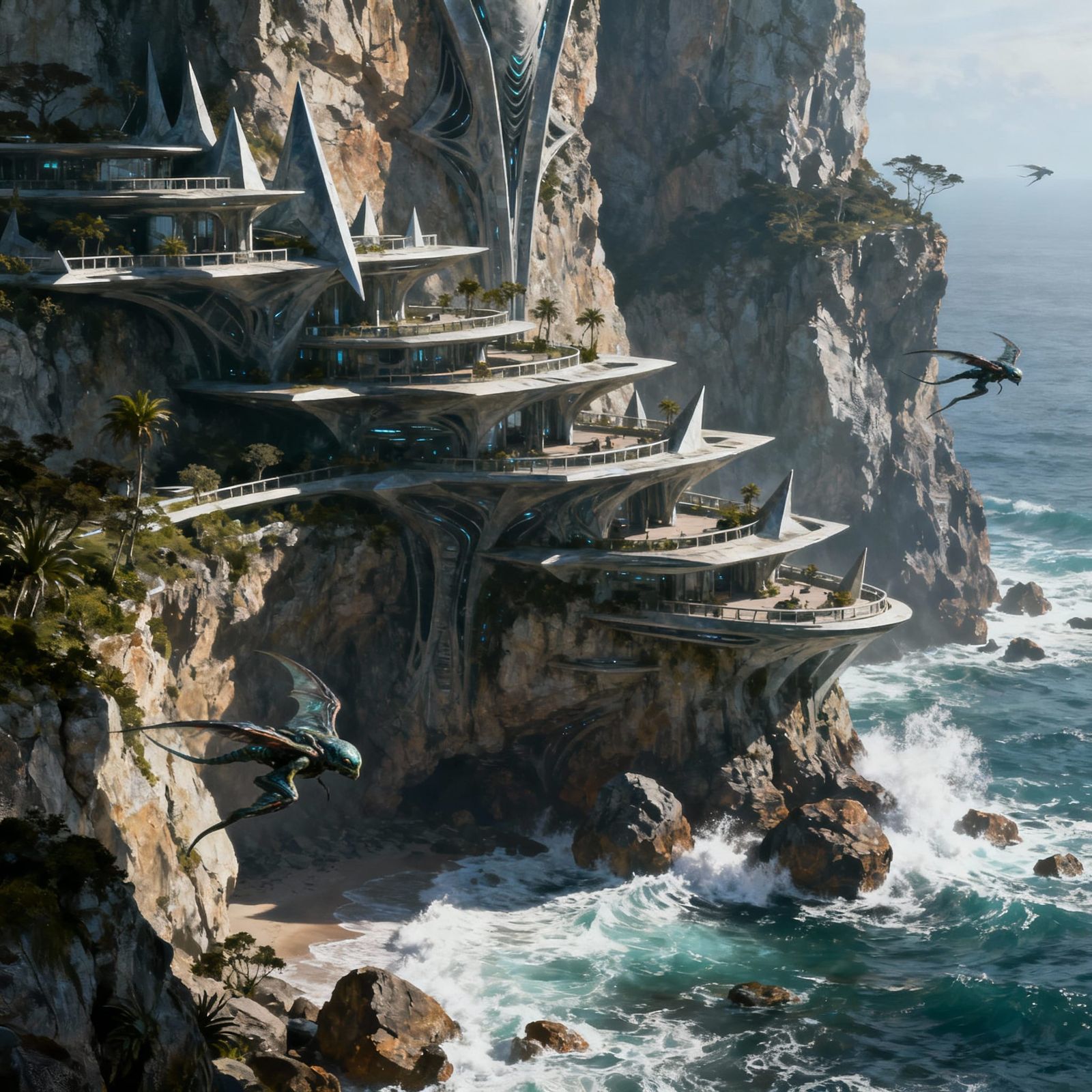 Futuristic Alien Resort on Coastal Cliffside