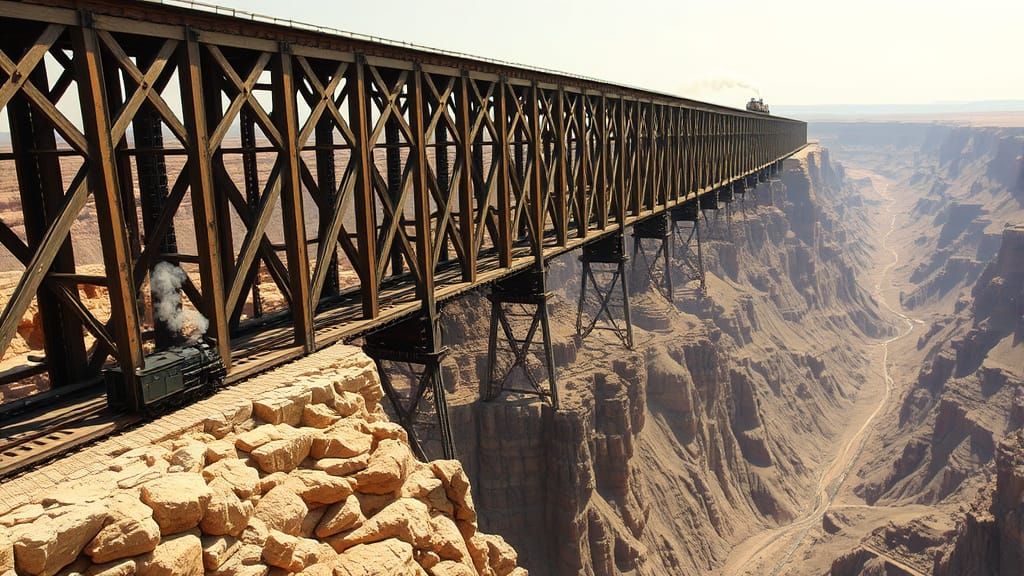Gigantic Wooden Railroad Trestle Spans American Frontier Lan...