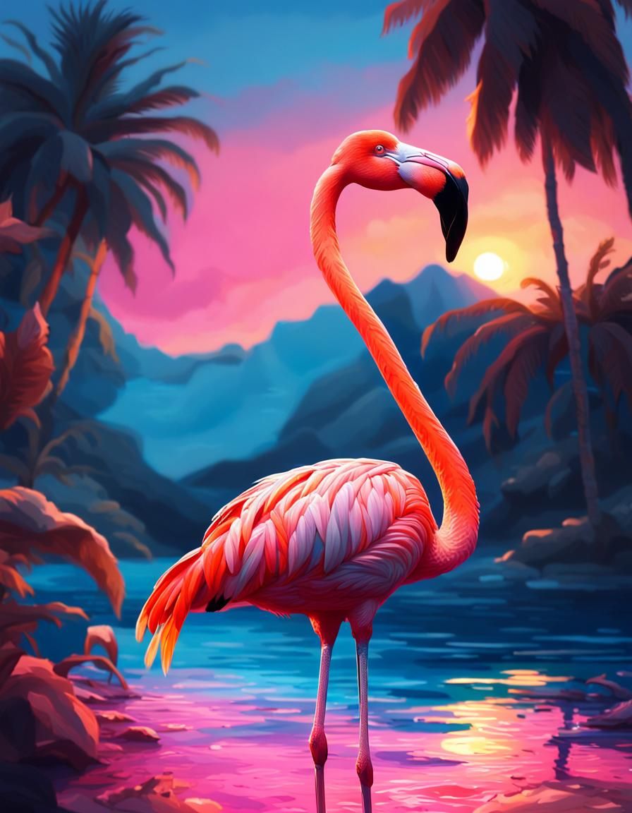 Pink Flamingo in Tropical Lagoon at Sunset