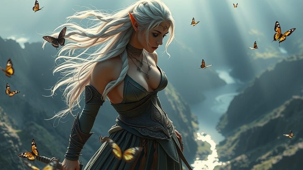 Gothic Elf Warrior in Ethereal Landscape