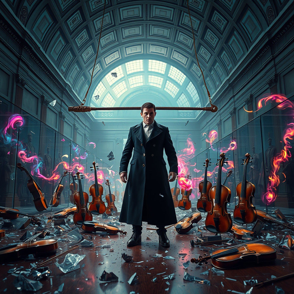 Surreal Museum Scene: Violins Freed in Ethereal Symphony