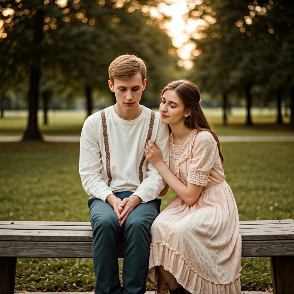 Shy Young Man Finds Comfort in Loving Companion's Embrace in...