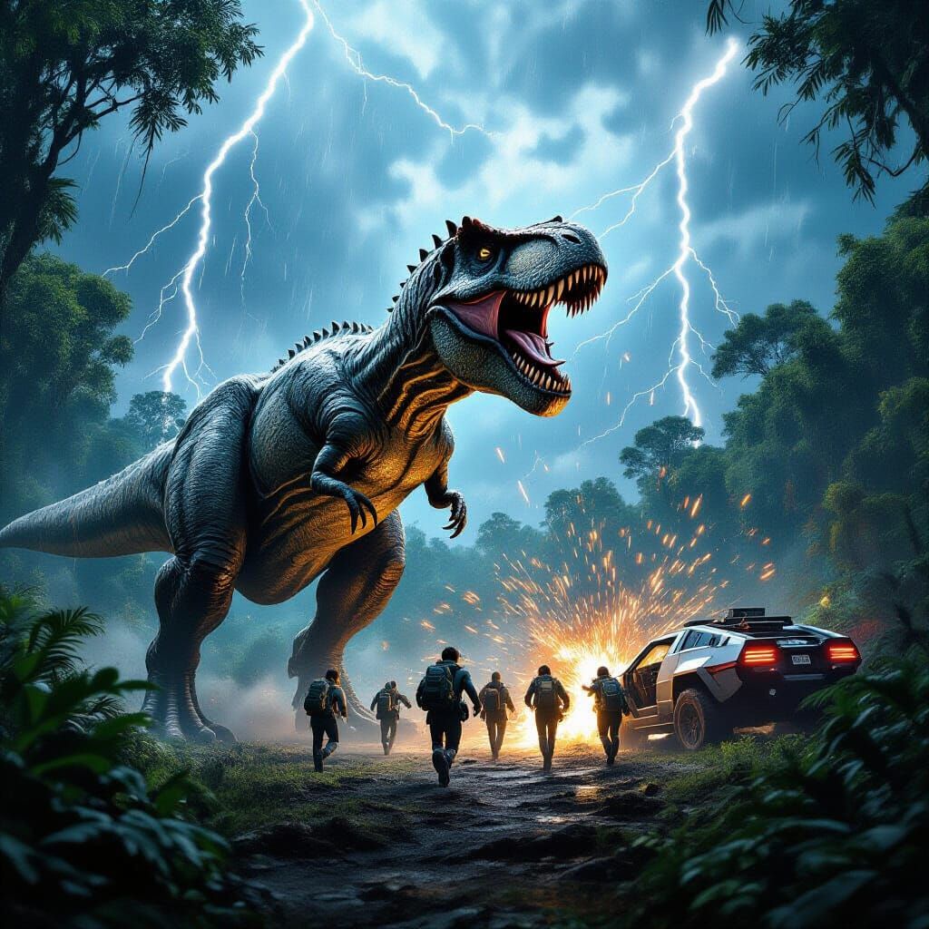 T-Rex Roars in Jungle Clearing Under Stormy Skies