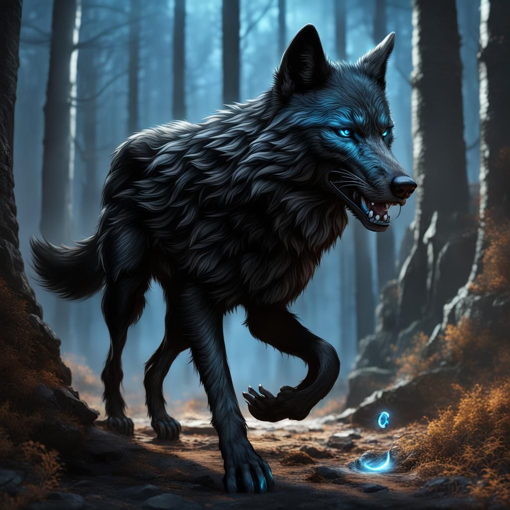 Black Wolf with Blue Eyes and Mouse