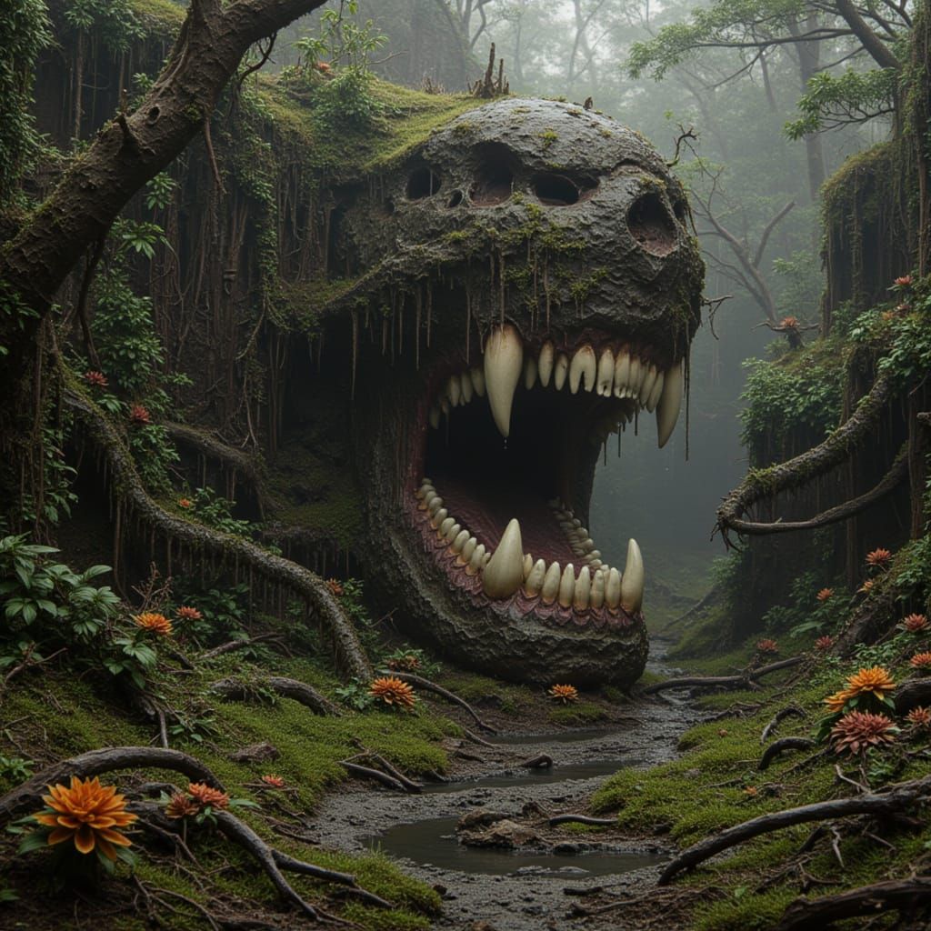 Misty Jungle Reveals Ancient Stone Face with Limestone Teeth