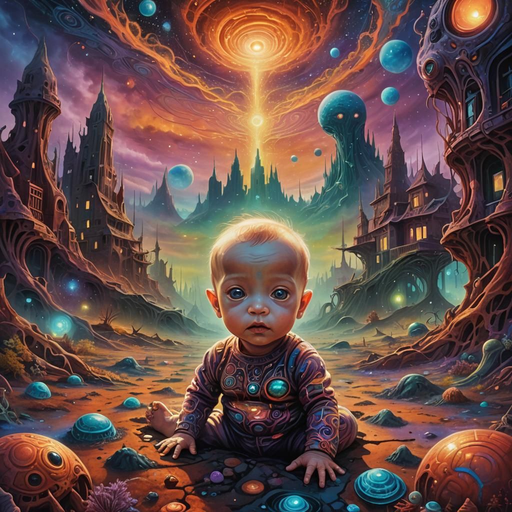 Surreal Astral Baby in Abandoned Alien Cityscape
