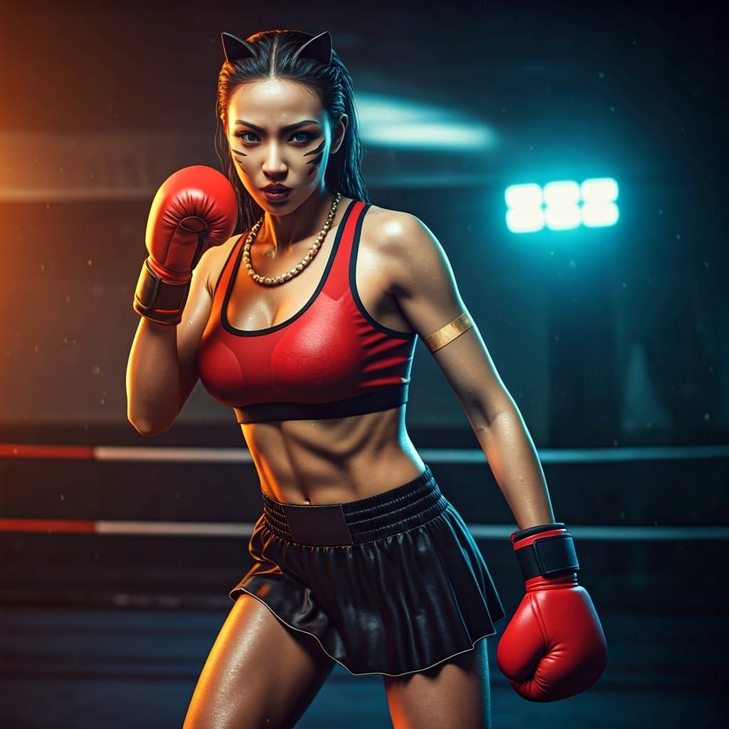 Asian Woman in Boxing Stance in Retro Style