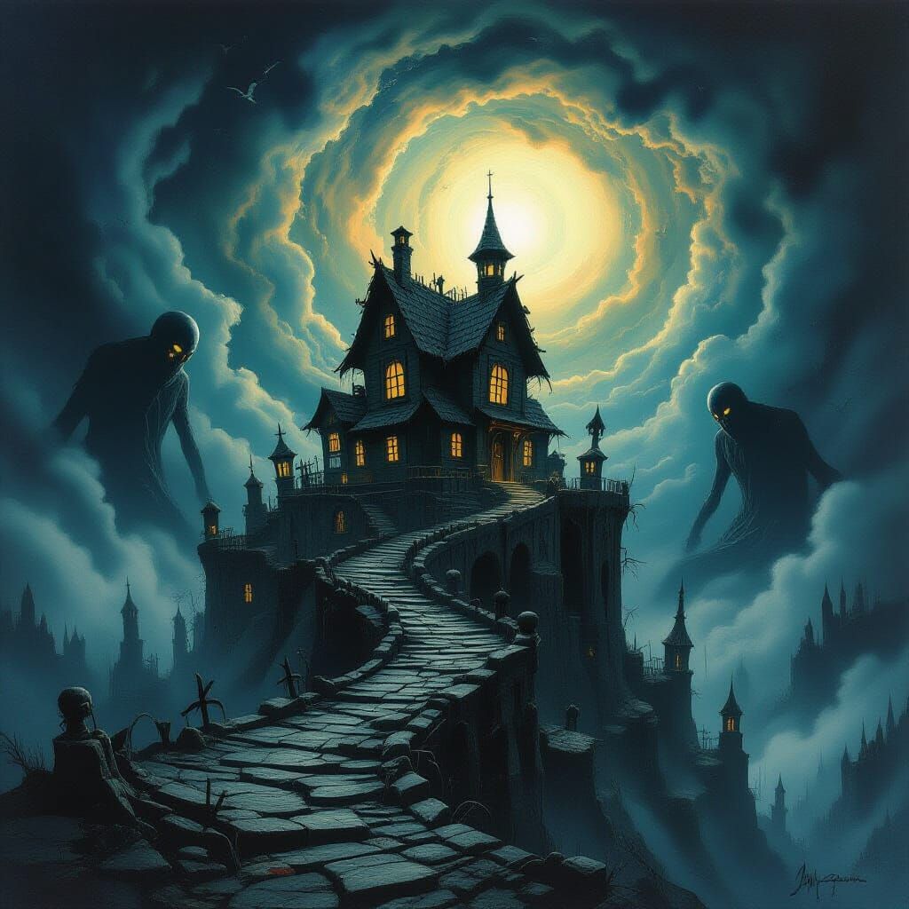 Nightmarish Cityscape: Twisted Metal and Bone Horror Art