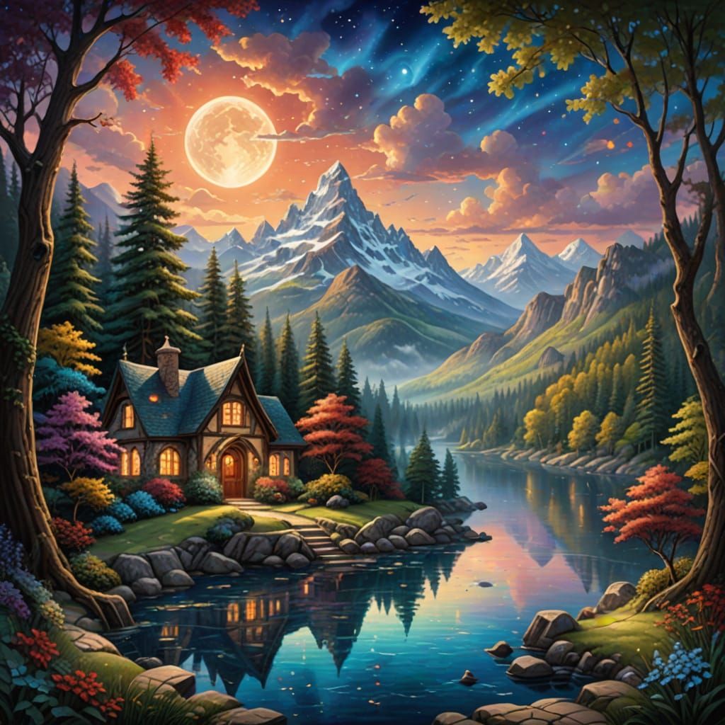 Whimsical Stained Glass Lake Scene